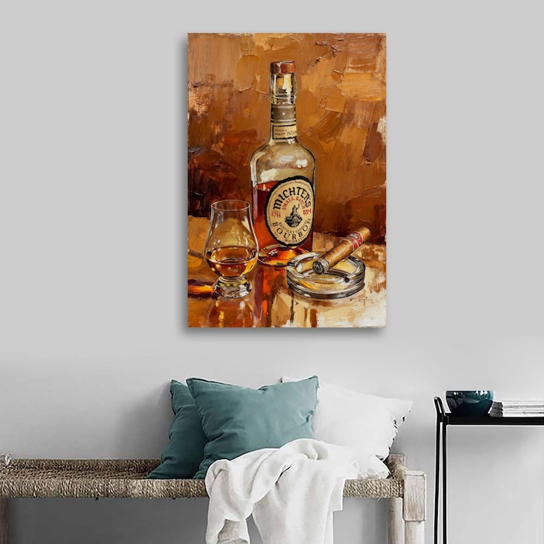 May include: An oil painting depicts a bottle of Michter's Bourbon, a glass of amber liquid, a lit cigar, and an ashtray. The background is a textured blend of brown and orange hues, creating a warm, inviting atmosphere.