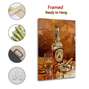 May include: A framed canvas print of a still life featuring a bottle of Michter's Bourbon, a glass of whiskey, a lit cigar, and an ashtray. The artwork has a warm color palette with brown and gold tones. The text "Framed Ready to Hang" is visible.