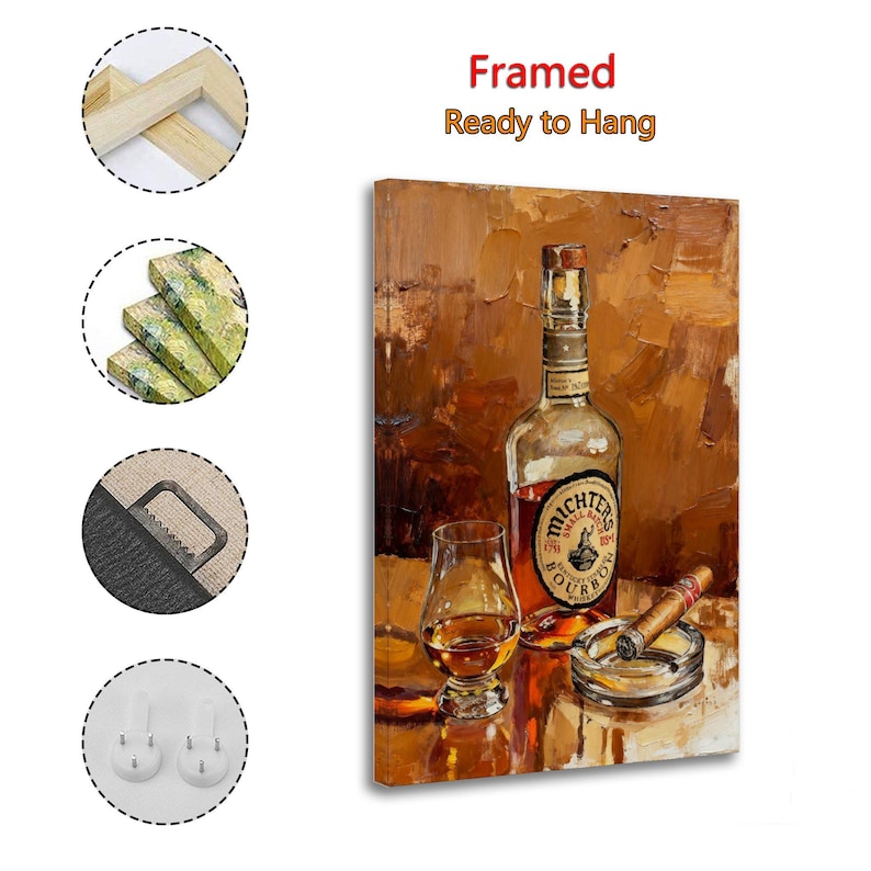 May include: A framed canvas print of a still life featuring a bottle of Michter's Bourbon, a glass of whiskey, a lit cigar, and an ashtray. The artwork has a warm color palette with brown and gold tones. The text "Framed Ready to Hang" is visible.