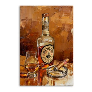 May include: An oil painting depicts a bottle of Michter's Small Batch Bourbon, a glass of whiskey, a lit cigar, and an ashtray. The bottle has a brown label with gold lettering. The painting has a warm color palette of browns and oranges.