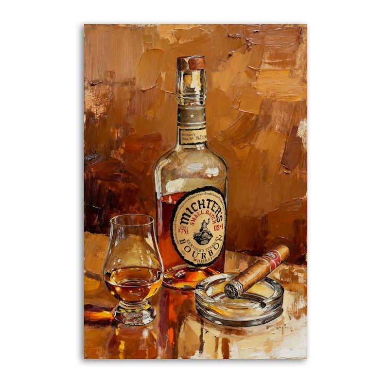 May include: An oil painting depicts a bottle of Michter's Small Batch Bourbon, a glass of whiskey, a lit cigar, and an ashtray. The bottle has a brown label with gold lettering. The painting has a warm color palette of browns and oranges.
