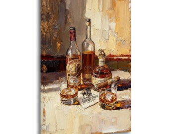 Vintage Bourbon Whiskey & Cigar Art Print, Classic Bar Wall Decor, Man Cave Whiskey Painting Waterproof Vinyl Fabric Canvas HD Print