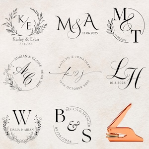 May include: A selection of wedding logo designs in black script with dates, initials, and floral accents. Includes a copper-coloured seal press. The logos are arranged in circles and wreaths.