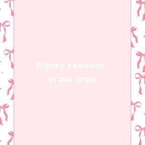 Puede incluir: Una tarjeta rectangular rosa con esquinas redondeadas, enmarcada por un patrón de lazos rosas sobre un fondo blanco. La tarjeta presenta el texto "Fiches révisions oraux crpe" en blanco.