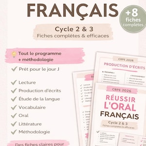 Op de afbeelding: Educatieve materialen met de titel "RÉUSSIR L'ORAL FRANÇAIS" in roze, met ondersteunende materialen voor Cyclus 2 & 3. De afbeelding bevat checklists, diagrammen en Franse tekst, met de tekst "+8 fiches complètes".