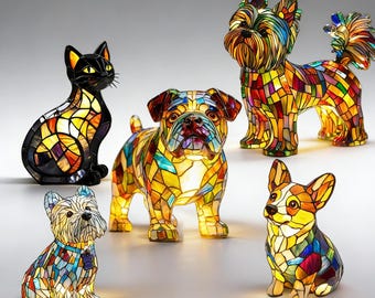 Stained Glass Pet Lamp – Artisan Crafted Cat or Dog Figurine, Colorful Animal Art