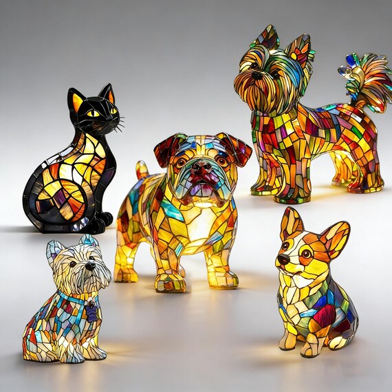 Stained Glass Pet Lamp – Artisan Crafted Cat or Dog Figurine, Colorful Animal Art