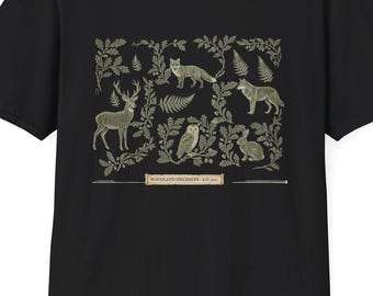 Forest Animals Illustration T-Shirt | Deer Fox Owl Botanical Design
