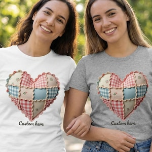 Camiseta de mujer con estampado de corazón y patchwork / Camiseta de cuello redondo de algodón rústico