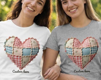 Patchwork Heart T-Shirt Women | Homespun Cotton Crew Neck Tee