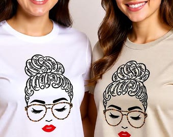Messy Bun Word Art T-Shirt | Leopard Glasses, Sassy Woman Tee|Girl power tee