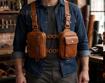 Leather Tactical Chest Rig – Cyberpunk Streetwear -Utility Pack Vest Bag-EDC holster