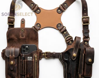Leather Shoulder Holster Rig ,Full Grain EDC Organizer Harness — Phone Holster Bag ,Steampunk Cosplay Harness , Mens Leather Gift