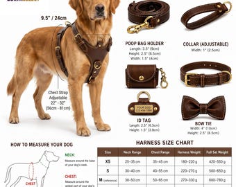 Genuine Full-Grain Leather Dog Harness Set with Leash, Collar, Bow Tie, ID Tag