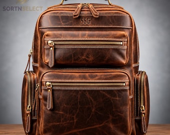 Mochila de piel plena flor – Mochila de viaje vintage, bolso para portátil, opción de monograma
