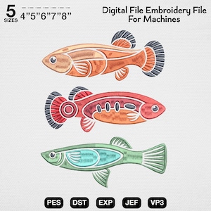 Boho Fish Machine Embroidery File, Vintage Killifish Guppy Trio Design, Geometric Color Block Pattern, Cute Aquarium Sweatshirt Art