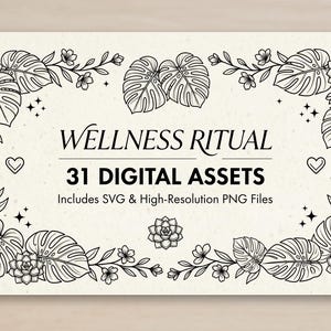 Puede incluir: Una tarjeta rectangular con esquinas redondeadas presenta el texto «Wellness Ritual» y «31 Digital Assets». La tarjeta está enmarcada con ilustraciones botánicas de hojas, flores y corazones. También está presente el texto «Includes SVG & High-Resolution PNG Files».