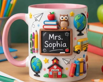 Personalized Teacher Mug with Name, Custom Teacher Coffee Cup, Back to School Gift, Cute School Theme Mug, Teacher Appreciation Gift