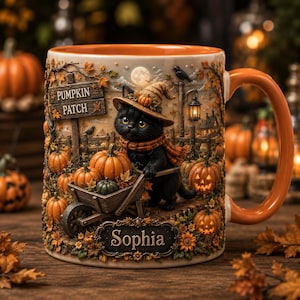 Può includere: Una tazza in ceramica con interno e manico arancioni, raffigurante un gatto nero con cappello da strega che spinge una carriola piena di zucche, con la scritta PUMPKIN PATCH e il nome Sophia stampati sopra.