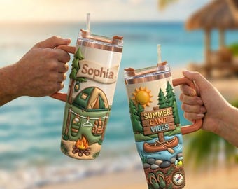 Personalized Camping 40oz Tumbler, Custom Summer Camp Vibes Travel Mug with Handle, Campfire Adventure Gift for Her, Nature Lover Cup