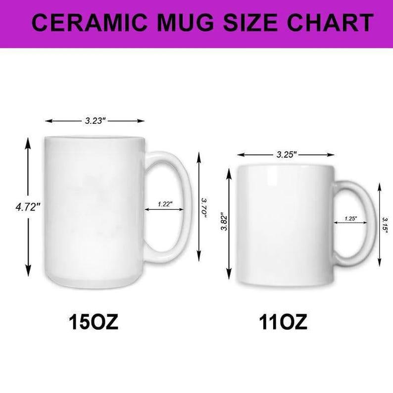 May include: A white ceramic mug size chart. The chart shows two white mugs with measurements in inches. The larger mug is 4.72" high, 3.23" wide, and holds 15 oz. The smaller mug is 3.82" high, 3.25" wide, and holds 11 oz.