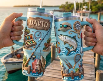 Personalized Fishing 40oz Tumbler, Custom Fisherman Gift for Dad, Bass Fishing Travel Mug with Handle, Name Tumbler for Men