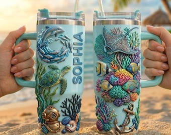 Personalized Ocean Life 40oz Tumbler with Handle, Sea Turtle Dolphin Stingray Travel Mug, Beach Lover Gift, Coastal Insulated Cup