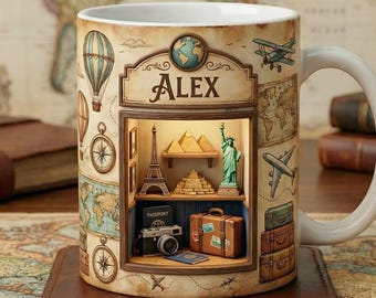 Tazza da viaggio personalizzata, tazza da caffè con nome personalizzato, regalo per amanti dell'avventura, tazza con mappa vintage, regalo di viaggio per lui e per lei, tazza per chi ama viaggiare