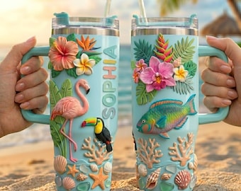 Personalized Tropical Beach Tumbler 40oz, Flamingo Toucan Fish Floral Tumbler, Summer Vacation Mug, Custom Name Gift