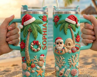 Personalized Beach Christmas Tumbler 40oz, Tropical Santa Travel Mug, Hawaii Holiday Cup, Palm Tree Christmas Gift, Custom Name Tumbler