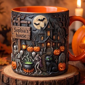 Personalized Black Cat Witch Hat Mug, Stacked Pumpkin Mug, Custom Haunted House Mug With Name, Spell Book Ghost Coffee Mug, Halloween Gift