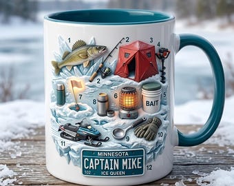 Personalized Ice Fishing Mug, Custom Fisherman Coffee Mug with Name, Fathers Day Gift for Dad, Winter Fishing Cup