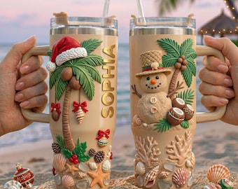 Personalized Tropical Christmas Tumbler 40oz, Hawaii Holiday Travel Mug, Beach Christmas Cup, Palm Tree Santa Tumbler, Snowman Gift