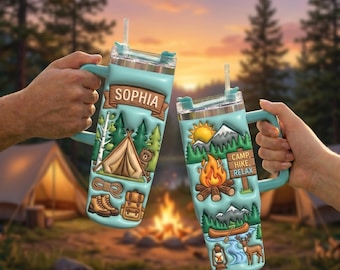Personalized Camping 40oz Tumbler With Handle, Custom Name Camp Lover Gift, Hiking Travel Mug, Outdoor Campfire Mountain Cup