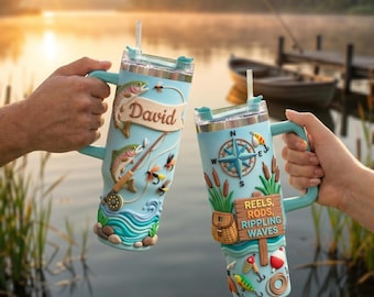 Personalized Fly Fishing 40oz Tumbler, Custom Angler Gift for Dad, Fishing Travel Mug with Handle, Fisherman Cup with Name
