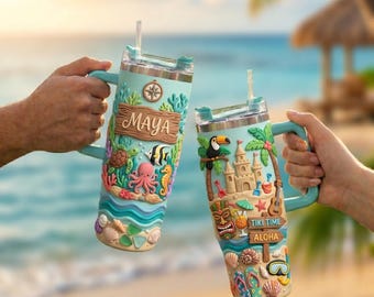 Custom Tropical Island Tumbler, Aloha Beach Travel Mug, Toucan Palm Tree Cup, Summer Vacation Personalized Gift