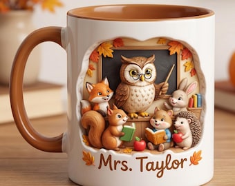 Personalized Teacher Mug with Name, Cute Animal Classroom Mug, Owl Teacher Gift, Fall Teacher Coffee Cup, Back to School Gift