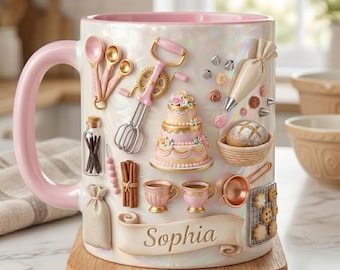 Personalized Baking Mug, Custom Name Baker Gift, Baking Lover Coffee Cup, Kitchen Gift for Her, Pastry Chef Mug, Cute Baking Design Cup