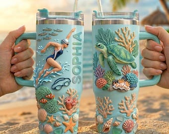 40oz Personalized Swimmer Tumbler, Swimming Gift for Her, Sea Turtle Ocean Cup with Handle, Beach Lover Travel Mug, Coastal Drinkware