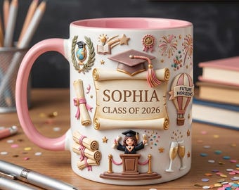 Personalized Class of 2026 Mug, Custom Graduate Name Coffee Cup, Future Horizons Graduation Gift, Pink Diploma Senior Mug