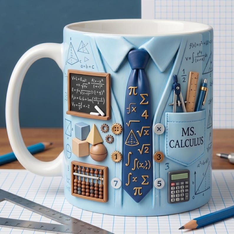 May include: A light blue ceramic mug with a white handle, featuring a design resembling a shirt and tie. The tie has mathematical symbols. The mug includes a pocket with the text "MS. CALCULUS", a calculator, and a chalkboard with equations.