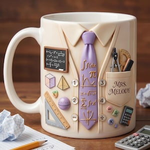 May include: A white ceramic mug designed to resemble a shirt, tie, and pocket. The mug features a purple tie with math symbols, a pocket with a name tag that says "Mrs. Melody", and various math-related decorations.