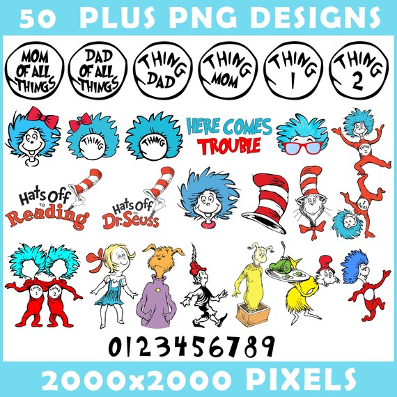 50 Thing 1 Thing 2 PNG Bundle, Dr Seuss Inspired Png, Thing 1 & Thing 2 Cat In The Hat PNG, Thing1 Mom, Matching Shirt Designs, Dr Seuss PNG