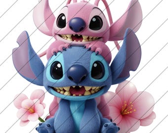 Lilo och Stitch PNG, Blå Stitch Rosa Lilo PNG, Stitch Skjorta PNG, Sublimeringsdesigner, Png för Skjorta, Barnskjorta PNG, Digital Nedladdning