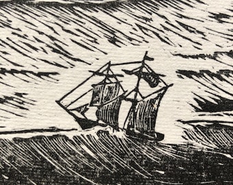 El barco zarpa cuando regresan los pájaros - Gran velero en mar agitado - Grabado original en madera tamaño A4