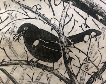 Blackbird in the Roses - A4 Original black and white Woodcut Print