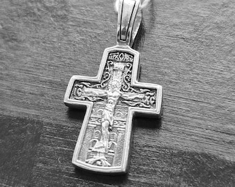 Sterling Silver Orthodox Cross Pendant, Jesus Christ, Saint Nicholas Wonderworker