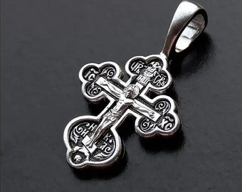 Sterling Silver Orthodox Cross Pendant, Jesus Christ Crucifix, Engraved Prayer Necklace