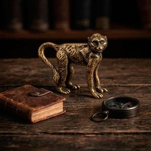 Könnte beinhalten: Eine bronzene Affenfigur steht auf einer Holzoberfläche, zusammen mit einem kleinen ledergebundenen Buch und einem Kompass. Der Affe hat eine detaillierte Fellstruktur. Der Kompass ist schwarz mit einem silbernen Ring. Das Buch ist mit einem Metallverschluss geschlossen.