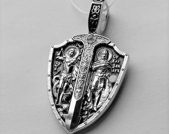 Sterling Silver Orthodox Shield Pendant, St. Alexander Nevsky, St. George, Archangel Michael, Christian Jewelry